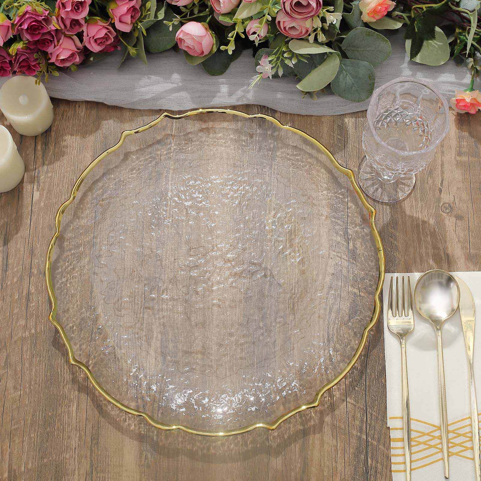Alternative view of 8-Pack Glass Charger Plates 13" Round Clear Gold Sunflower Scalloped Rim - Decorative Dinner Chargers